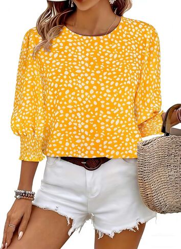 Halife Womens Blouses 3/4 Sleeve Dressy Tops Business Casual Crew Neck Smocked Cuffed Shirts in Saudi Arabia