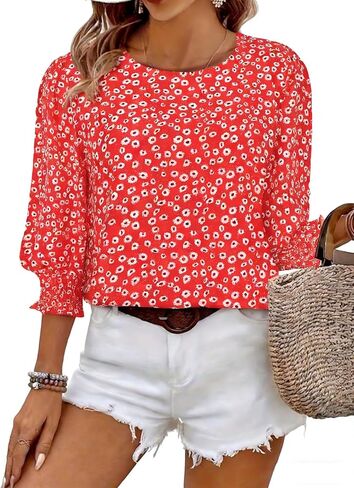 Halife Womens Blouses 3/4 Sleeve Dressy Tops Business Casual Crew Neck Smocked Cuffed Shirts in Saudi Arabia
