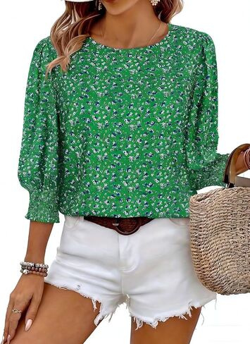Halife Womens Blouses 3/4 Sleeve Dressy Tops Business Casual Crew Neck Smocked Cuffed Shirts in Saudi Arabia