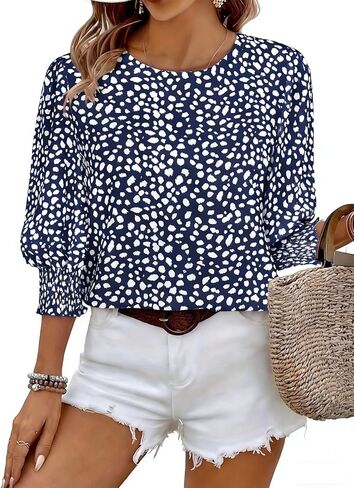 Halife Womens Blouses 3/4 Sleeve Dressy Tops Business Casual Crew Neck Smocked Cuffed Shirts in Saudi Arabia