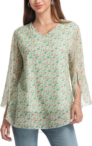 Women 3/4 Bell Sleeve Chiffon Floral V Neck Tunic Tops Double Layered Boho Mesh Loose Fit Dressy Casual Shirts in Saudi Arabia
