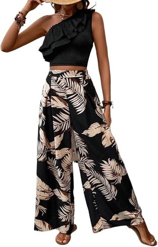 womens two piece outfits summer Pleated Black Top And Hawaiian Wide Leg Pants Casual 2pcs Outfit(Size:Medium) in Saudi Arabia