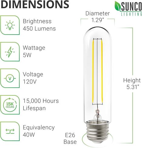 Sunco Lighting 6 Pack 5W=40W Dusk to Dawn Outdoor T10 Light Tubular LED Bulbs, CRI90 2700K Soft White E26 Base, 450 Lumens, Vintage Filament, Dimmable, Waterproof, Outdoor Decorative UL in Kuwait
