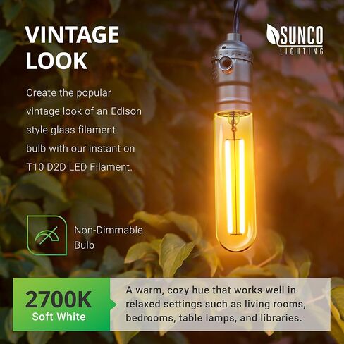 Sunco Lighting 6 Pack 5W=40W Dusk to Dawn Outdoor T10 Light Tubular LED Bulbs, CRI90 2700K Soft White E26 Base, 450 Lumens, Vintage Filament, Dimmable, Waterproof, Outdoor Decorative UL in Kuwait