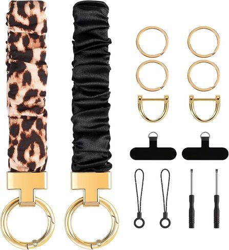 2 قطعة سوار سلسلة مفاتيح Scrunchie، سوار معصم سلسلة مفاتيح قابلة للتمدد للنساء، مفاتيح السيارة مع علامة تبويب حبل الهاتف in Kuwait