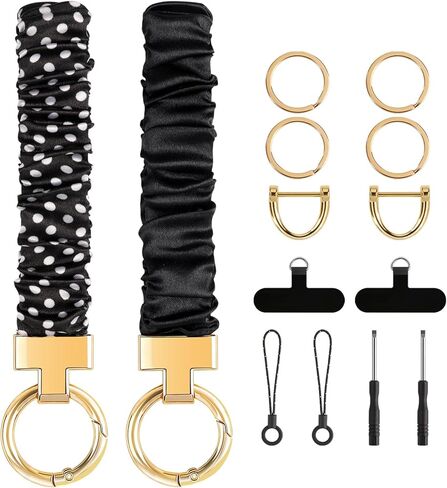 2 قطعة سوار سلسلة مفاتيح Scrunchie، سوار معصم سلسلة مفاتيح قابلة للتمدد للنساء، مفاتيح السيارة مع علامة تبويب حبل الهاتف in Kuwait