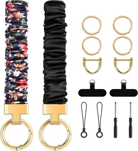 2 قطعة سوار سلسلة مفاتيح Scrunchie، سوار معصم سلسلة مفاتيح قابلة للتمدد للنساء، مفاتيح السيارة مع علامة تبويب حبل الهاتف in Kuwait