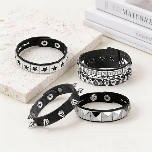 4pcs Studded Spiked Bracelets for Women and Men,Punk Rock Accessories,Adjustable Goth Bracelets 80s Retro Style Wristband Halloween Party Accessories in Saudi Arabia