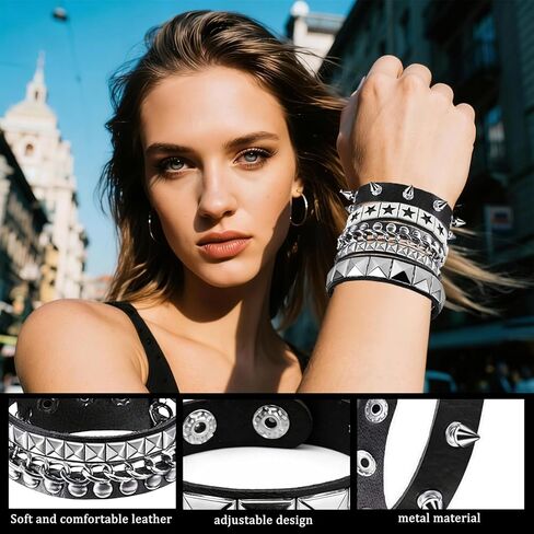 4pcs Studded Spiked Bracelets for Women and Men,Punk Rock Accessories,Adjustable Goth Bracelets 80s Retro Style Wristband Halloween Party Accessories in Saudi Arabia