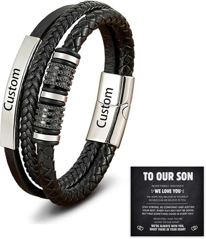 Forever Connected Son's Customized Bracelet, To My Son Bracelet From Mom, Personalized Bracelets for My Son, Multilayer Braided Leather Bracelet, Men's Gift with Message Card and Gift Box in Saudi Arabia