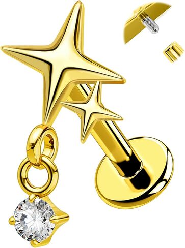 OUFER G23 Titanium Flat Back Helix Earrings, 16g Internally Threaded Nose Stud, Star Dangle Tragus Conch Lip Cartilage Piercing Jewelry for Women in Saudi Arabia