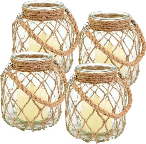 4 مجموعات من فانوس الشموع البحري مقاس 5.5 بوصة × 5.5 بوصة × 6.3 بوصة، برطمان زجاجي ساحلي يعمل ببطارية LED، فانوس عديم اللهب مع مقبض حبل لتزيين قطع مركزية لطاولة الشاطئ والمنزل والشاطئ in Kuwait