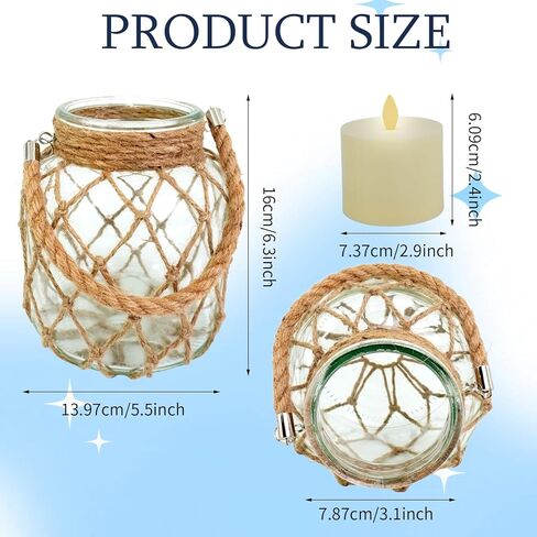 4 مجموعات من فانوس الشموع البحري مقاس 5.5 بوصة × 5.5 بوصة × 6.3 بوصة، برطمان زجاجي ساحلي يعمل ببطارية LED، فانوس عديم اللهب مع مقبض حبل لتزيين قطع مركزية لطاولة الشاطئ والمنزل والشاطئ in Kuwait