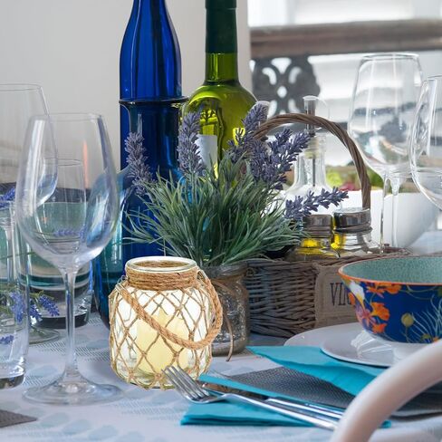 4 مجموعات من فانوس الشموع البحري مقاس 5.5 بوصة × 5.5 بوصة × 6.3 بوصة، برطمان زجاجي ساحلي يعمل ببطارية LED، فانوس عديم اللهب مع مقبض حبل لتزيين قطع مركزية لطاولة الشاطئ والمنزل والشاطئ in Kuwait