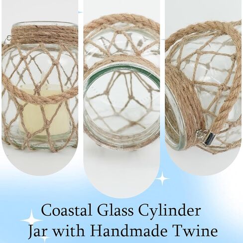 4 مجموعات من فانوس الشموع البحري مقاس 5.5 بوصة × 5.5 بوصة × 6.3 بوصة، برطمان زجاجي ساحلي يعمل ببطارية LED، فانوس عديم اللهب مع مقبض حبل لتزيين قطع مركزية لطاولة الشاطئ والمنزل والشاطئ in Kuwait