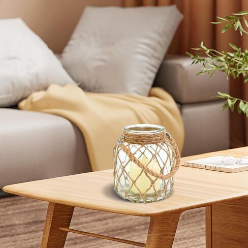 4 مجموعات من فانوس الشموع البحري مقاس 5.5 بوصة × 5.5 بوصة × 6.3 بوصة، برطمان زجاجي ساحلي يعمل ببطارية LED، فانوس عديم اللهب مع مقبض حبل لتزيين قطع مركزية لطاولة الشاطئ والمنزل والشاطئ in Kuwait