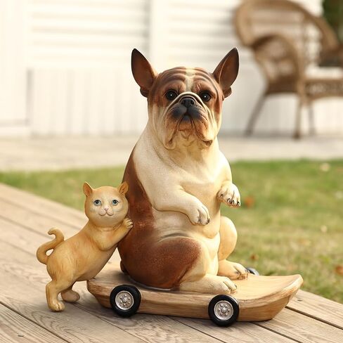 LuxenHome 16.3" Kitten and Dog with Skateboard Sculpture Resin Statue, Animals Dog Statue for Indoor and Outdoor Decor Sculptures for Garden, Home, Yard, Patio in Kuwait
