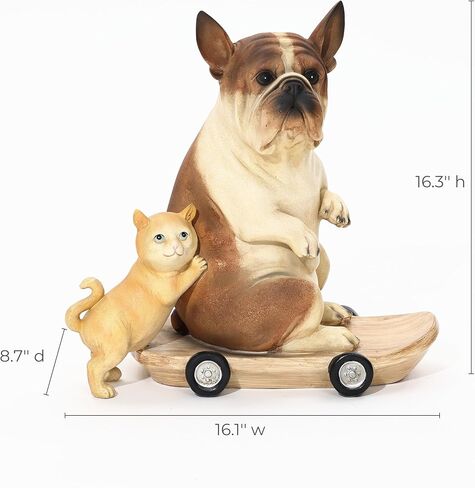 LuxenHome 16.3" Kitten and Dog with Skateboard Sculpture Resin Statue, Animals Dog Statue for Indoor and Outdoor Decor Sculptures for Garden, Home, Yard, Patio in Kuwait
