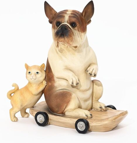 LuxenHome 16.3" Kitten and Dog with Skateboard Sculpture Resin Statue, Animals Dog Statue for Indoor and Outdoor Decor Sculptures for Garden, Home, Yard, Patio in Kuwait