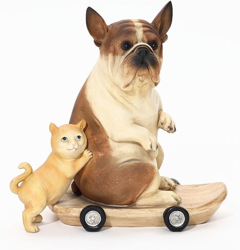 LuxenHome 16.3" Kitten and Dog with Skateboard Sculpture Resin Statue, Animals Dog Statue for Indoor and Outdoor Decor Sculptures for Garden, Home, Yard, Patio in Kuwait