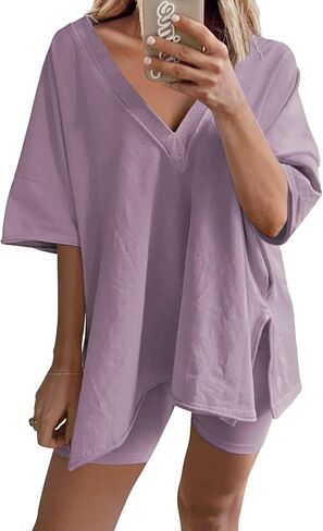 2 Two Piece Outfits for Women Summer Oversized Workout V Neck T Shirts Biker Shorts Matching Sets(DustyPurple-S) in Saudi Arabia