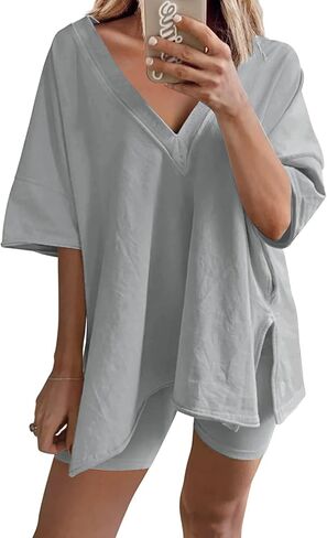 2 Two Piece Outfits for Women Summer Oversized Workout V Neck T Shirts Biker Shorts Matching Sets(DustyPurple-S) in Kuwait