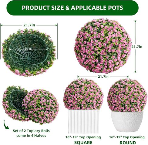 21.6" Artificial Topiary Balls Outdoor, Faux Hanging Rose Balls Set of 2, Artificial Topiary Flower Balls with Hanging Chains and Zip Tiles, Pink in Saudi Arabia