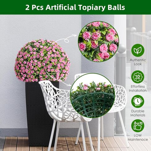 21.6" Artificial Topiary Balls Outdoor, Faux Hanging Rose Balls Set of 2, Artificial Topiary Flower Balls with Hanging Chains and Zip Tiles, Pink in Saudi Arabia