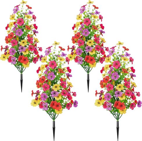 أشجار زهور صناعية مقاس 19 بوصة (4 عبوات)، نباتات صناعية خارجية مقاومة للأشعة فوق البنفسجية لديكور المنزل في الفناء والحديقة (ملونة، 19 بوصة) in Kuwait