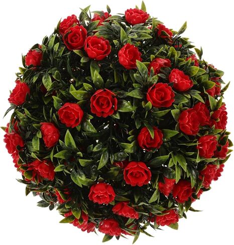 Healifty Artificial Flower Topiary Ball Red Decorative Hanging Garden Patio Ornament for Indoor Outdoor Use UV Resistant Plastic Simulation Grass Ball for Weddings Parties Home and in Saudi Arabia