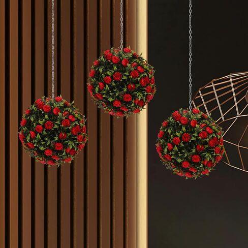 Healifty Artificial Flower Topiary Ball Red Decorative Hanging Garden Patio Ornament for Indoor Outdoor Use UV Resistant Plastic Simulation Grass Ball for Weddings Parties Home and in Saudi Arabia