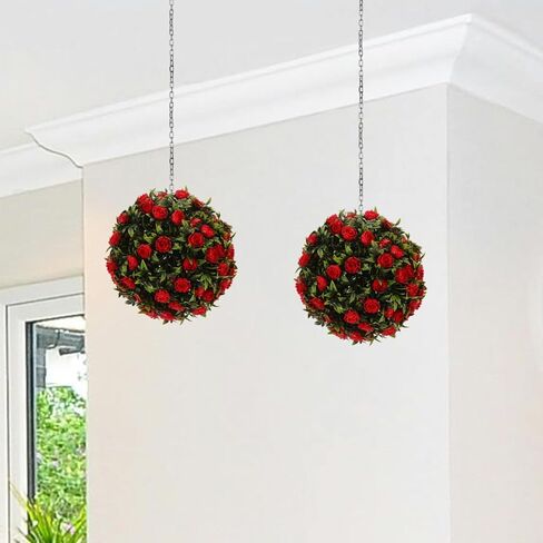 Healifty Artificial Flower Topiary Ball Red Decorative Hanging Garden Patio Ornament for Indoor Outdoor Use UV Resistant Plastic Simulation Grass Ball for Weddings Parties Home and in Saudi Arabia