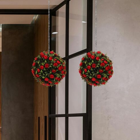 Healifty Artificial Flower Topiary Ball Red Decorative Hanging Garden Patio Ornament for Indoor Outdoor Use UV Resistant Plastic Simulation Grass Ball for Weddings Parties Home and in Saudi Arabia