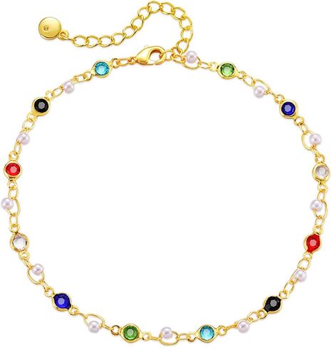 Nojess Gold Silver Ankle Bracelets for Women 18K Gold Anklets for Women Pearl Ankle Bracelet Colorful Crystal Cubic Zirconia Anklets Bracelets Non Tarnish Summer Beach Jewelry Gift in Saudi Arabia