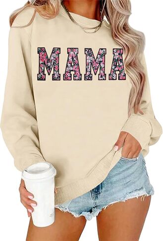 Mama Sweatshirt for Women: Embroidered Mom Essentials Crewneck Sweatshirts Mama Gifts Mom Graphic Long Sleeve in Saudi Arabia