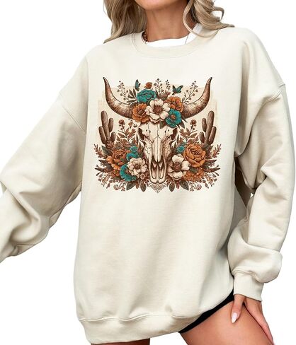 FITIN Unisex Western Floral Cow Skull Sweatshirt – Boho Longhorn with Turquoise Flowers Rustic Cowgirl Crewneck in Kuwait