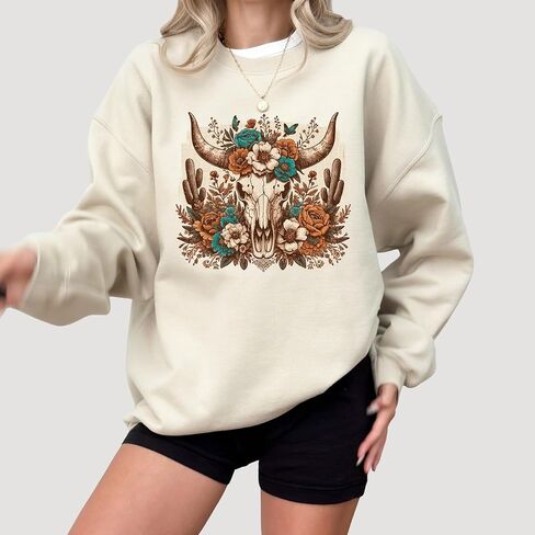 FITIN Unisex Western Floral Cow Skull Sweatshirt – Boho Longhorn with Turquoise Flowers Rustic Cowgirl Crewneck in Saudi Arabia