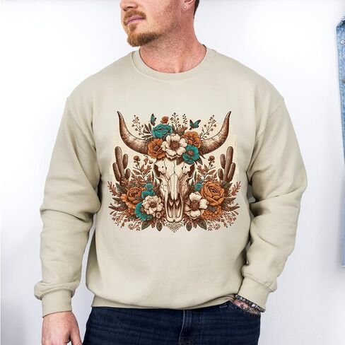FITIN Unisex Western Floral Cow Skull Sweatshirt – Boho Longhorn with Turquoise Flowers Rustic Cowgirl Crewneck in Saudi Arabia