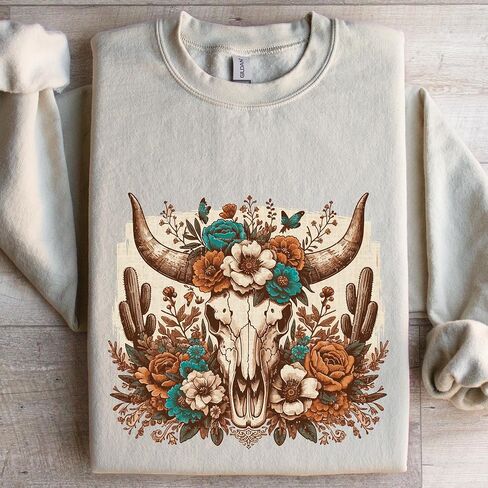 FITIN Unisex Western Floral Cow Skull Sweatshirt – Boho Longhorn with Turquoise Flowers Rustic Cowgirl Crewneck in Saudi Arabia