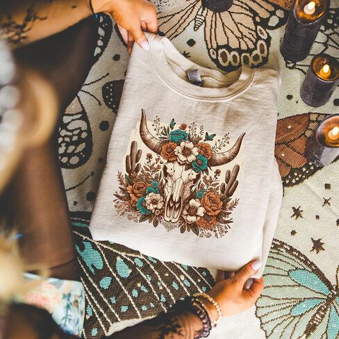 FITIN Unisex Western Floral Cow Skull Sweatshirt – Boho Longhorn with Turquoise Flowers Rustic Cowgirl Crewneck in Saudi Arabia
