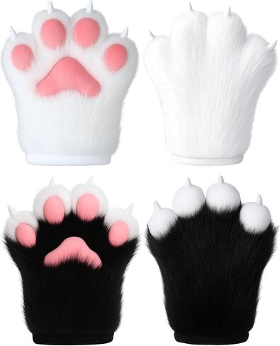 2 Pairs Cat Paw Gloves, Faux Fur Furry Claw Gloves Fursuit Claw Animal Fox Paws Cosplay Costume Accessories in Saudi Arabia
