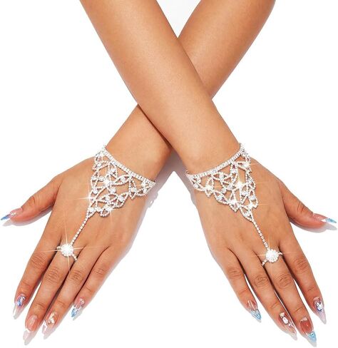 GORTIN Rhinestones Gloves Silver Fingerless Glove for Wedding Bridal Hand Chain for Women in Saudi Arabia