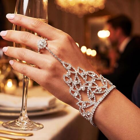 GORTIN Rhinestones Gloves Silver Fingerless Glove for Wedding Bridal Hand Chain for Women in Saudi Arabia