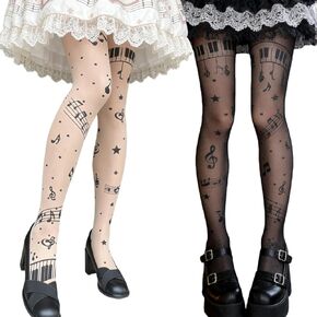 2Pcs Funky Music Note Sheer Tights - Whimsical Piano Key & Musical Print Pantyhose, Stretchy Y2K Aesthetic Stockings for Concerts, Parties & Daily Wear in Saudi Arabia