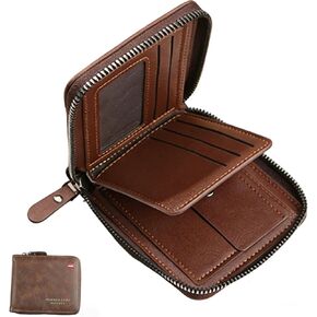 Men's Slim Leather Wallet - Bifold/Minimalist Front Pocket Design with 9 Card Slots & ID Window - Gift Box Included, Thin & Stylish Durable Stitching Zipper Wallet (Coffee) in Saudi Arabia
