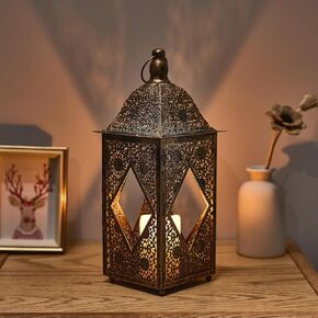حاملات شموع مزخرفة بمصباح فانوس مغربي لديكورات رمضان، معلقة، فناء خارجي أو شرفة، ديكور منزلي داخلي (برونز 10 بوصة) in Kuwait