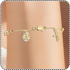 J&H DiaJuvelo Rosary Bead Cross Bracelet 14k Gold Plated Virgin Mary Bracelets Non Tarnish Religious Catholic Virgen de Guadalupe Jewelry Catolicos Rosarios Confirmation Baptism Charm Gifts for Women in Saudi Arabia