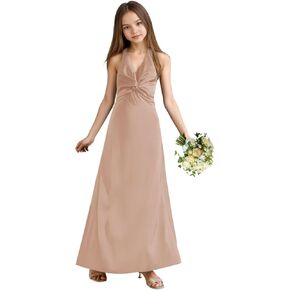 Silk Satin Junior Bridesmaid Dress Birthday Pleated A-Line Maxi Gown Wedding V-Neck Halter Flower Girl Dresses in Kuwait