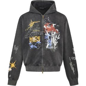 Y2K كنزات بقلنسوة مطبوعة على الجدران للرجال والنساء، سترات غير رسمية فضفاضة للأزواج in Kuwait