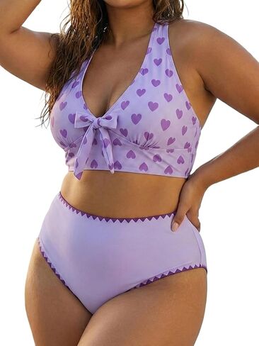 ROSE GAL Plus Size Women Heart Print High Waisted Contrast Whip Stitching Crisscross Back Bikini Set in Saudi Arabia